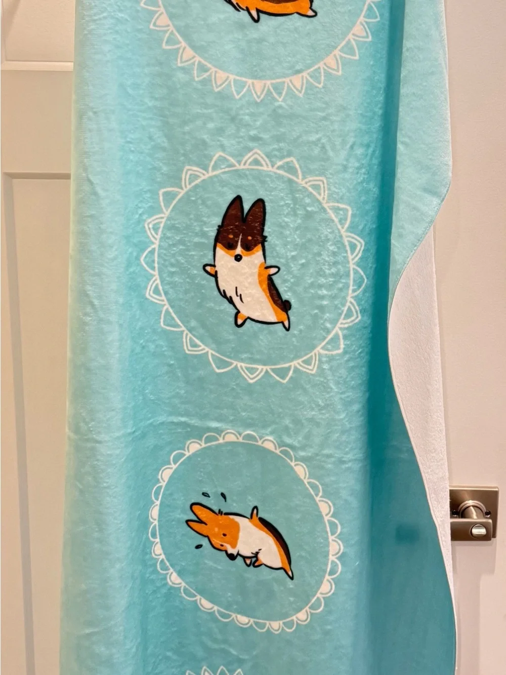 Aqua Blue Cartoon Corgi Beach Towel